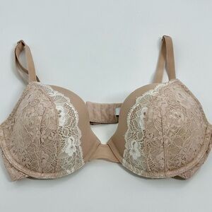 OnGossamer Neutral Lace Front Underwire Plunge Bra with Mesh Back 36C